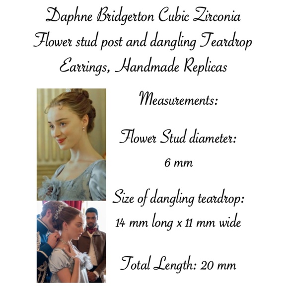 Daphne Bridgerton Cubic Zirconia Flower Stud Teardrop Handmade Replica Earrings - Picture 13 of 14